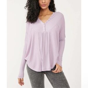 Free People Thermal Leo Oversized Henley waffle‎ knit tunic top Spring Lavendar